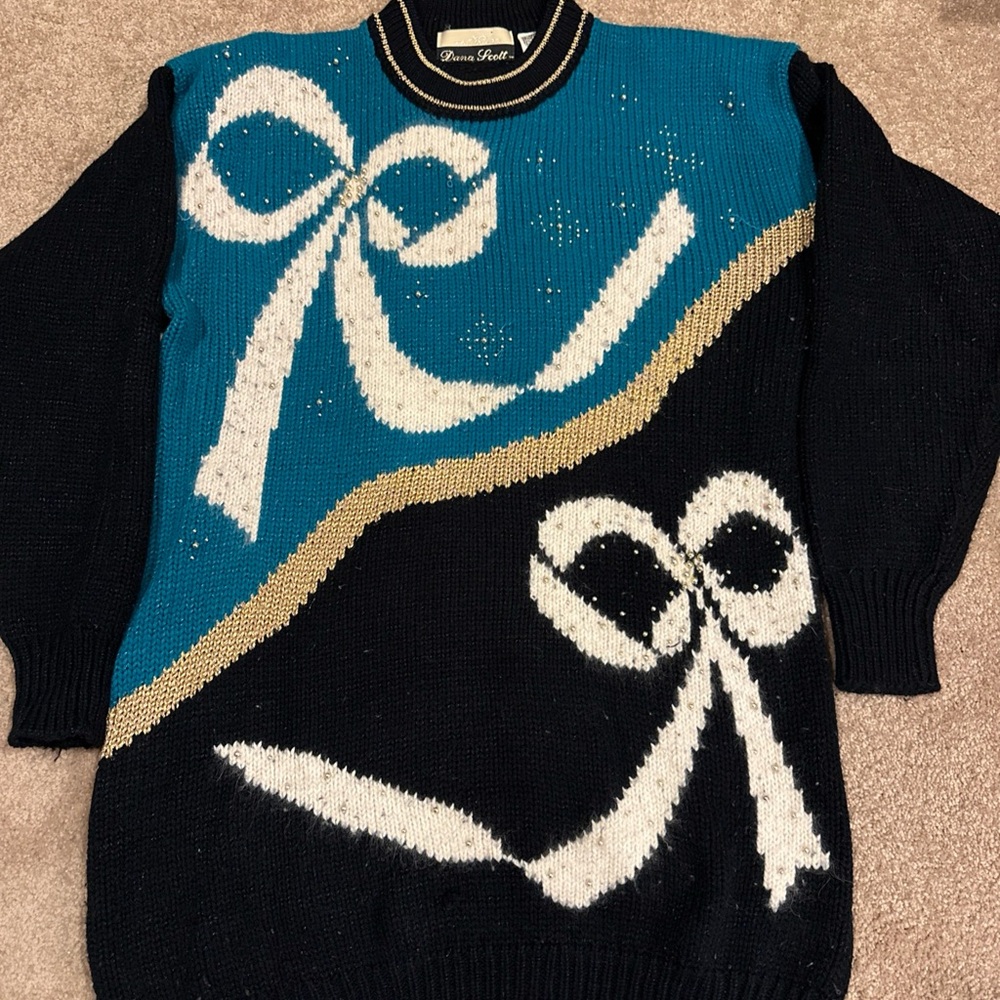 VTG Dana Scott Teal And Black Ribbon Sweater With Silver Pearl Accents Size M